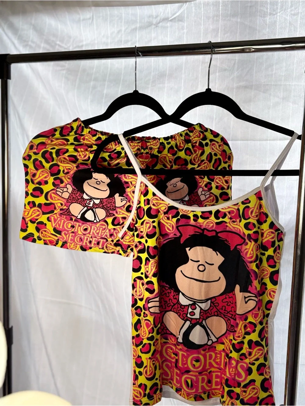 Victoria's Secret Neon Yellow Pink Black Mafalda Tank & Shorts Set